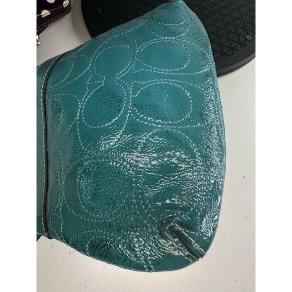 Coach Signature Wristlet Turquoise Embossed Logo Glossy Patent Leather - Picture 4 of 6